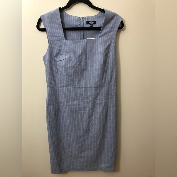 NEW Premise Women Linen Blend Blue White Pinstripe Square Neck Sheath Dress SZ 8 - Picture 3 of 12